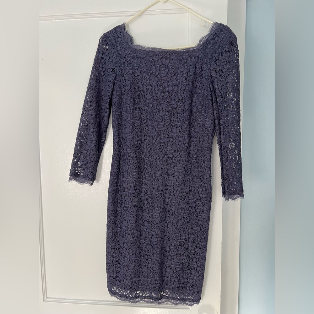 Adrianna Papell Purple Lace Sheath Dress with Three-Quarter Sleeves